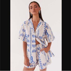 Peppermayo Exclusive Sweet Relief Linen Oversized Camp Shirt Floral Wave XXS
